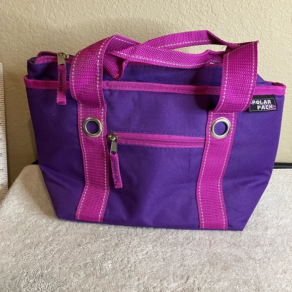 Polar Pack Handbags - Polar Pack purple and pink insulated lunch bag. Double handle. Gray insulation.